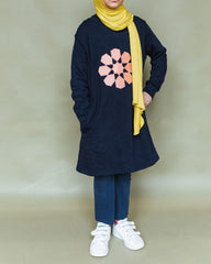 Girl's Long Navy Geo Crewneck