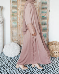 Coffee Corded Embroidered Open Abaya